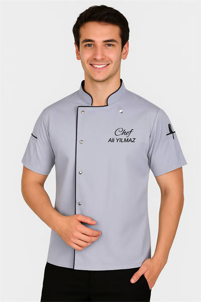 İsim Hediyeli Kısa Kollu Aşçı Forması Şef Aşçı Ceketi Gri