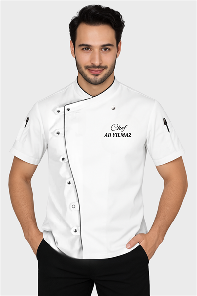 İsim Hediyeli Kısa Kollu Aşçı Kıyafetleri Beyaz Şef Aşçı Ceketi Modelleri Özel Dikim Aşçı Gömleği