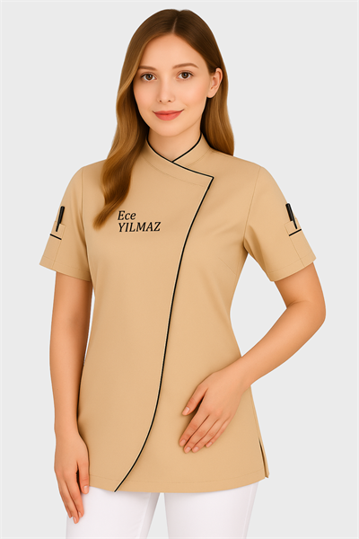 İsim Hediyeli Kısa Kollu Bej Kadın Şef Aşçı Ceketi Bayan Aşçı Kıyafeti 