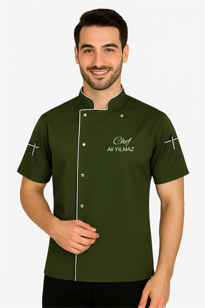 İsim Hediyeli Kısa Kollu Haki Yeşili Erkek Yazlık  Aşçı Ceketi
