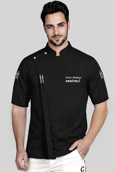 İsim Hediyeli Kısa Kollu Prestij Chef Profesyonel Aşçı Ceketi Siyah