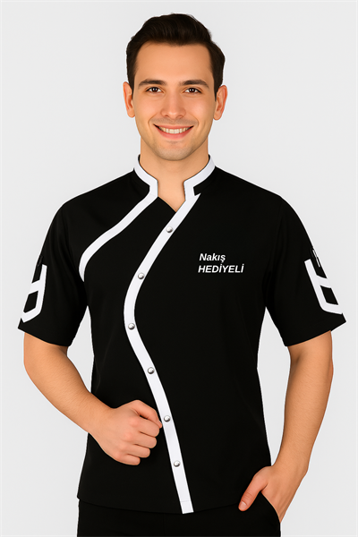 İsim Hediyeli Kısa Kollu Siyah Beyaz Mutfak Şef Aşçı Ceketi Aşçı Kıyafeti Aşçı Forması Aşçı Gömleği
