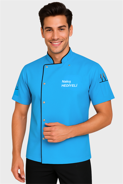 İsim Hediyeli Kısa Kollu Turkuaz Mavi Şef Aşçı Ceketi  Aşçı Forması Aşçı Gömleği Aşçı Kıyafeti