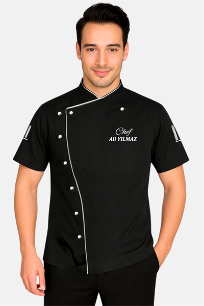 İsim Hediyeli Siyah Kısa Kollu Şef Aşçı Ceketi Aşçı Forması Aşçı Gömleği Kişiye Özel Aşçı Ceketleri
