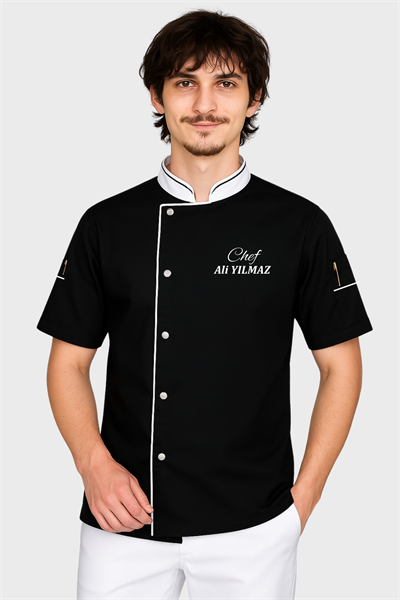 İsim Hediyeli Siyah Şef Aşçı Forması Aşçı Kıyafeti Fiyatları Mutfak Personeli Üniforma Kısa Kollu Aşçı Ceketi
