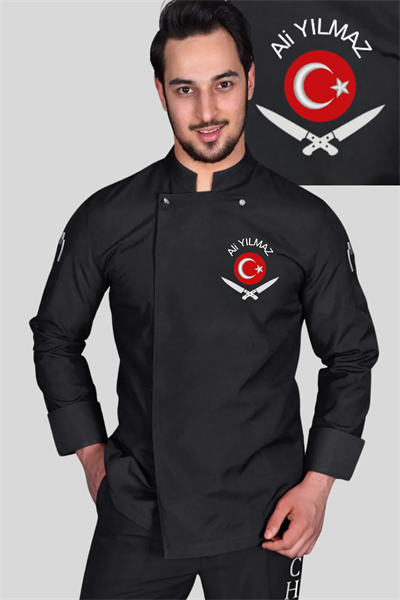 İsim Hediyeli Siyah Türk Bayraklı Aşçı Ceketi İsimli Aşçı Kıyafeti Şef Aşçı Forması Aşçı Gömleği