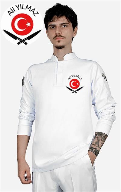 İsim Hediyeli Türk Bayrağı ve Bıçak Nakışlı Beyaz Aşçı Ceketi Şef Ceketi Aşçı Kıyafetleri Aşçı Forma