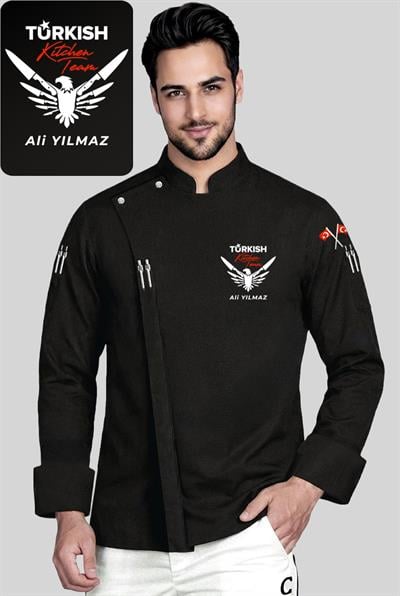 İsim Hediyeli Turkish Kitchen Team Kolda Bayrak Detaylı Nakışlı Kişiye Özel Aşçı Ceketi Siyah