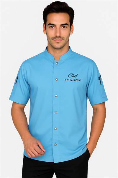 İsim Hediyeli Turkuaz Mavisi Yazlık Trend Kişiye Özel Şef Aşçı Kıyafeti