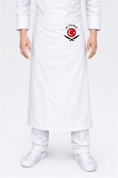 İsim Nakışı Hediyeli Şef Önlüğü Bayrak Bıçak Detaylı Modern Aşçı Önlükleri Beyaz