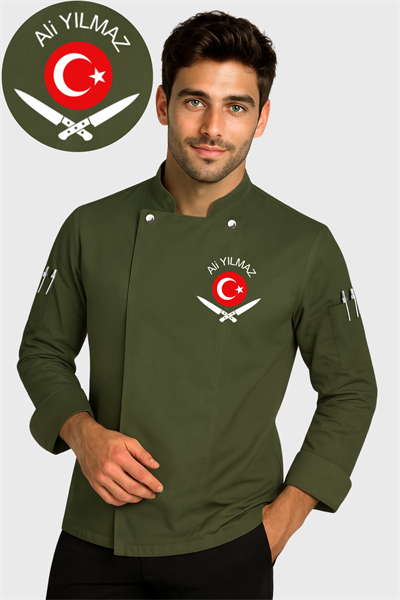 İsim Türk Bayrağı ve Bıçak Nakışı Hediyeli Haki Yeşili Aşçı Ceketi Haki Şef Ceketi Aşçı Kıyafeti