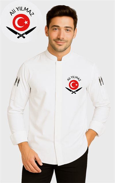İsim Türk Bayrağı ve Bıçak Nakışı Hediyeli Beyaz Uzun Kollu Kişiye Özel Aşçı Ceketi Şef Ceketi