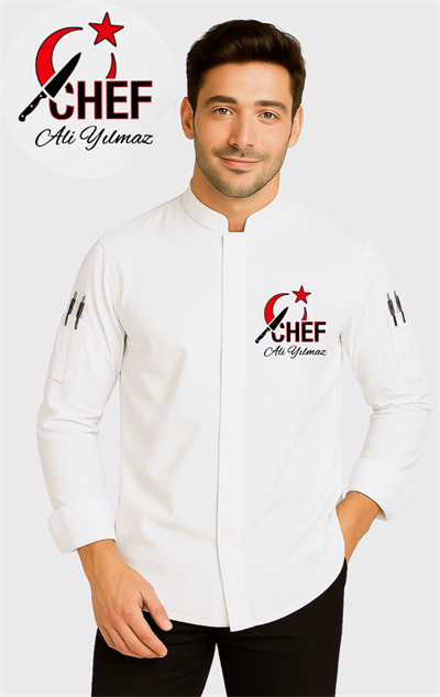 İsim ve Chef Ay Yıldız Tasarım Hediyeli Aşçı Ceketi Şef Ceketi Aşçı Forması Aşçı Gömleği Üniforma