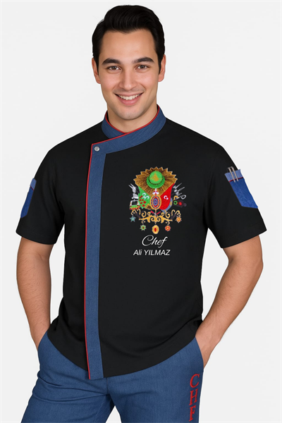 Kısa Kollu Osmanlı Arması İşlemeli Kot Kombinli Şef Aşçı Ceketi 