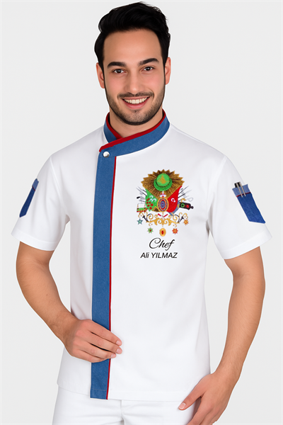 Kısa Kollu Osmanlı Nişanı İşlemeli Kot Kombinli Şef Aşçı Ceketi Yarım Kollu