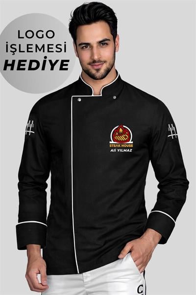Logo İşlemesi Hediyeli Uzun Kollu Aşçı Ceketi Siyah Şef Ceketi Aşçı Kıyafeti Kişiye Özel Aşçı Gömleği