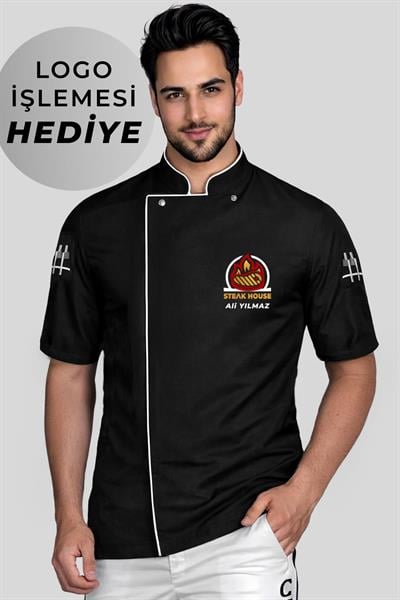 Firma Logo İşlemesi Hediyeli Kısa Kollu Aşçı Ceketi Siyah Şef Ceketi Aşçı Kıyafeti Kişiye Özel Aşçı Gömleği