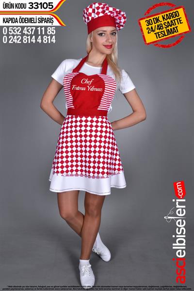 Mutfak Önlüğü Kepi Takımı  33105 Önlüğün Göğüs Bölümüne İstediğiniz Yazının Nakış İle İşlenmesi Ücretsiz