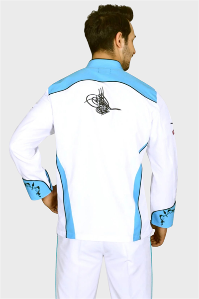 Osmanlı Saray Mutfağı Şef Aşçı Ceketi Beyaz Turkuaz