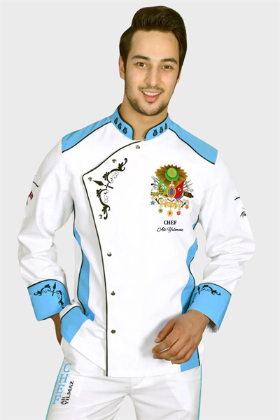 Osmanlı Saray Mutfağı Şef Aşçı Ceketi Beyaz Turkuaz