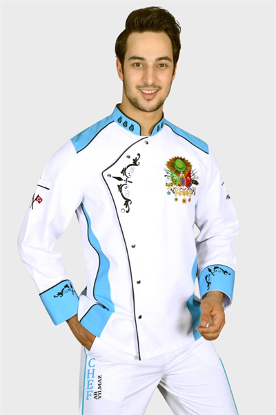 Osmanlı Saray Mutfağı Şef Aşçı Ceketi Beyaz Turkuaz