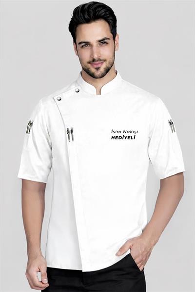 İsim Hediyeli Prestij Chef Beyaz Kısa Kollu Profesyonel Aşçı Şef Ceketi