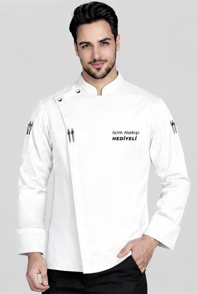 İsim Nakışı Hediyeli Prestij Chef Profesyonel Aşçı Şef Ceketi Beyaz