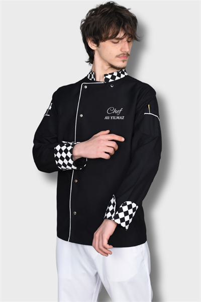 Siyah Desenli Şef Ceketi – Kişiye Özel Aşçı Kıyafeti | Üniformanya