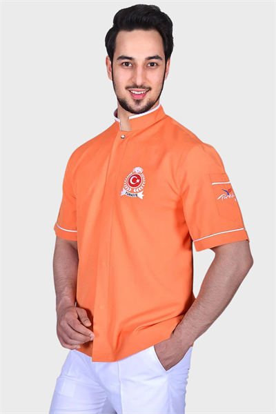 İsim Hediyeli Turuncu Kolları Türk Bayrağı ve Türkiye İşlemeli Şef Ceketi