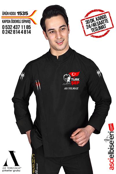 1535- Atatürk Nakış İşlemeli Aşçı Ceketi İzmir Siyah