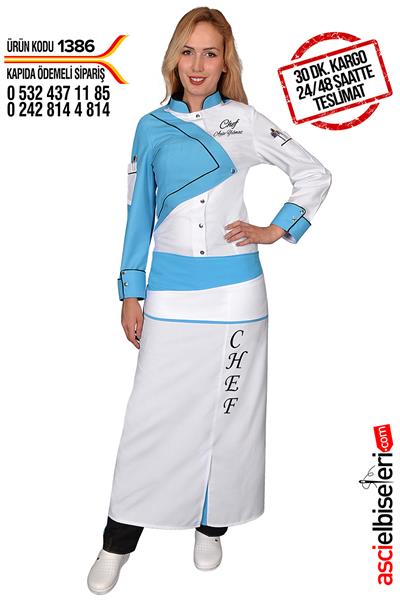 Ss1386 Modern Tasarım Bayan Aşçı Ceketi Beyaz Turkuaz