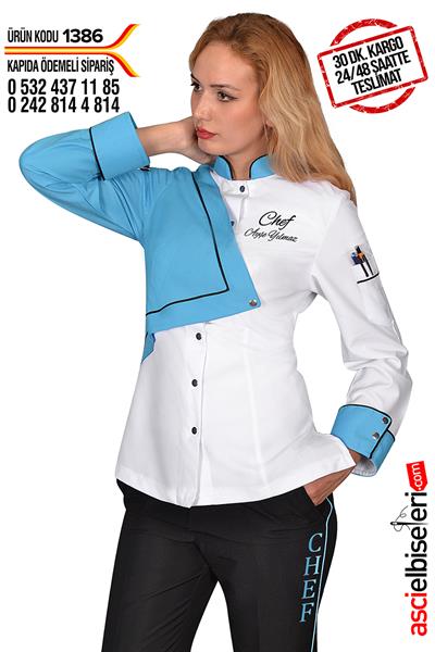 Ss1386 Modern Tasarım Bayan Aşçı Ceketi Beyaz Turkuaz