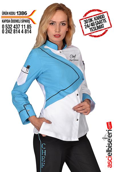 Ss1386 Modern Tasarım Bayan Aşçı Ceketi Beyaz Turkuaz