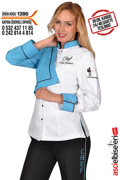 Ss1386 Modern Tasarım Bayan Aşçı Ceketi Beyaz Turkuaz