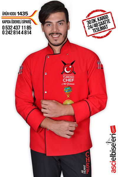 Ss1435 Pro Turkısh Chef Aşçı Ceketi Kırmızı İsminizin Nakış İle İşlenmesi Hediye