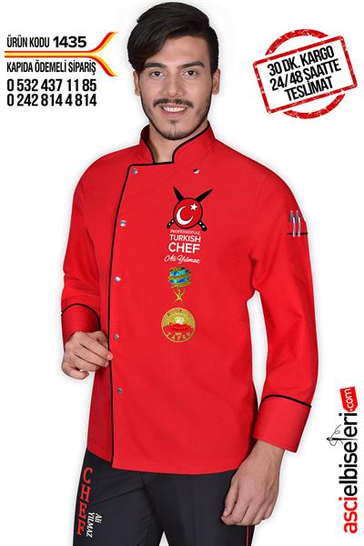 Ss1435 Pro Turkısh Chef Aşçı Ceketi Kırmızı İsminizin Nakış İle İşlenmesi Hediye