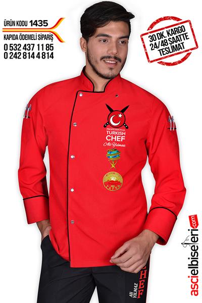 Ss1435 Pro Turkısh Chef Aşçı Ceketi Kırmızı İsminizin Nakış İle İşlenmesi Hediye