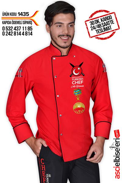 Ss1435 Pro Turkısh Chef Aşçı Ceketi Kırmızı İsminizin Nakış İle İşlenmesi Hediye
