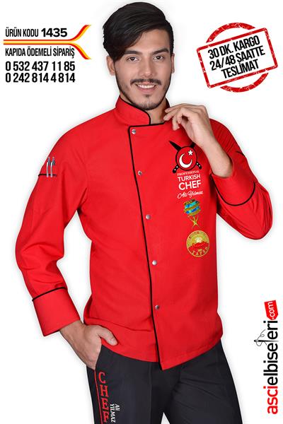 Ss1435 Pro Turkısh Chef Aşçı Ceketi Kırmızı İsminizin Nakış İle İşlenmesi Hediye