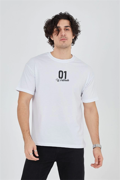 Erkek Bisiklet Yakalı Baskılı T-Shirt - Beyaz