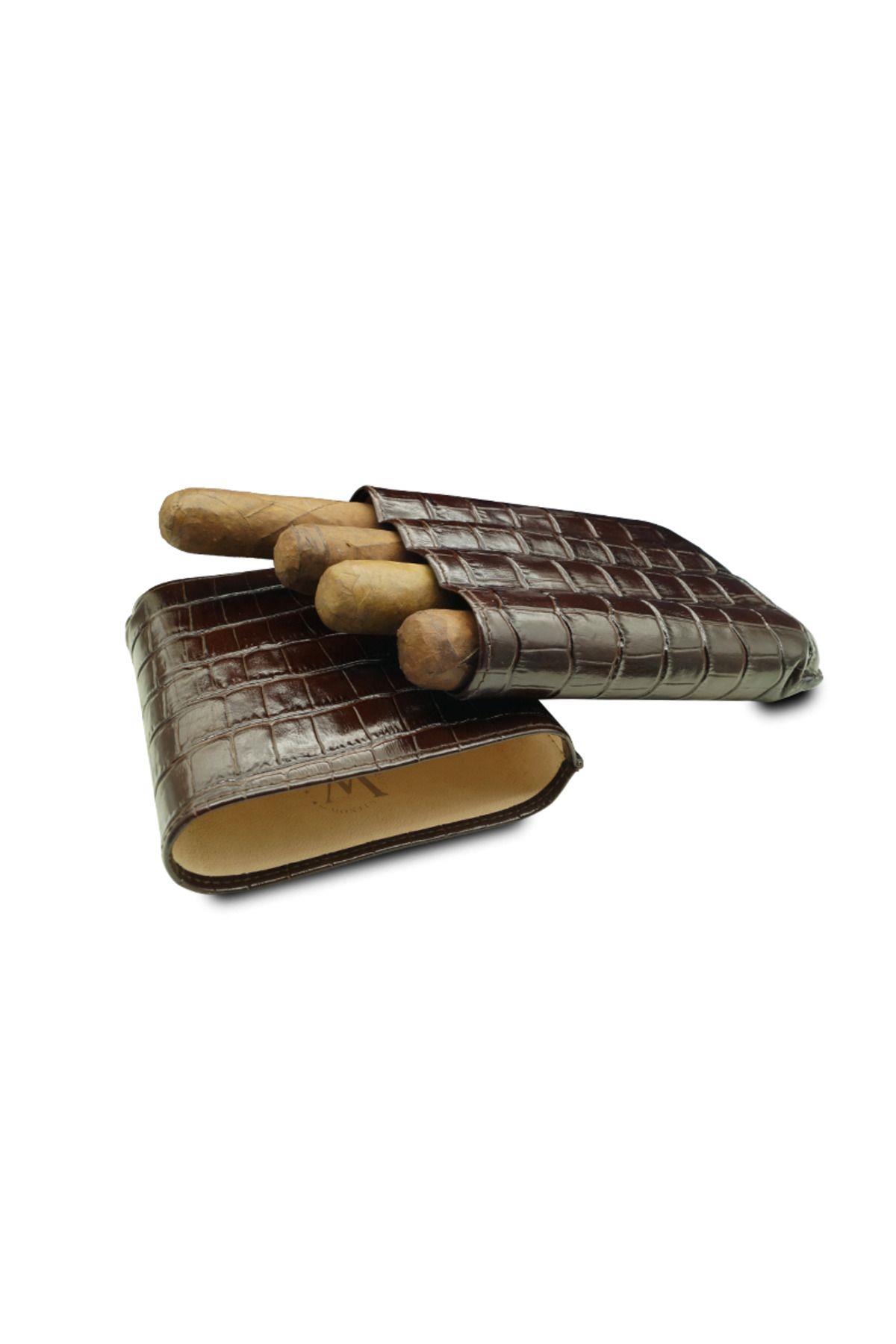 Montes Gerçek Deri El Yapımı Puro Kılıfı Dörtlü (60 Ring) Croco Tabaco