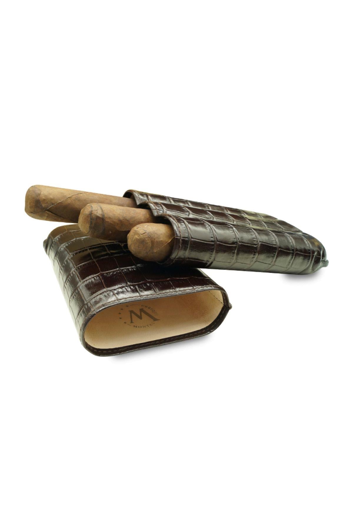 Montes Gerçek Deri El Yapımı Puro Kılıfı Üçlü (60 RİNG) Croco Tabaco