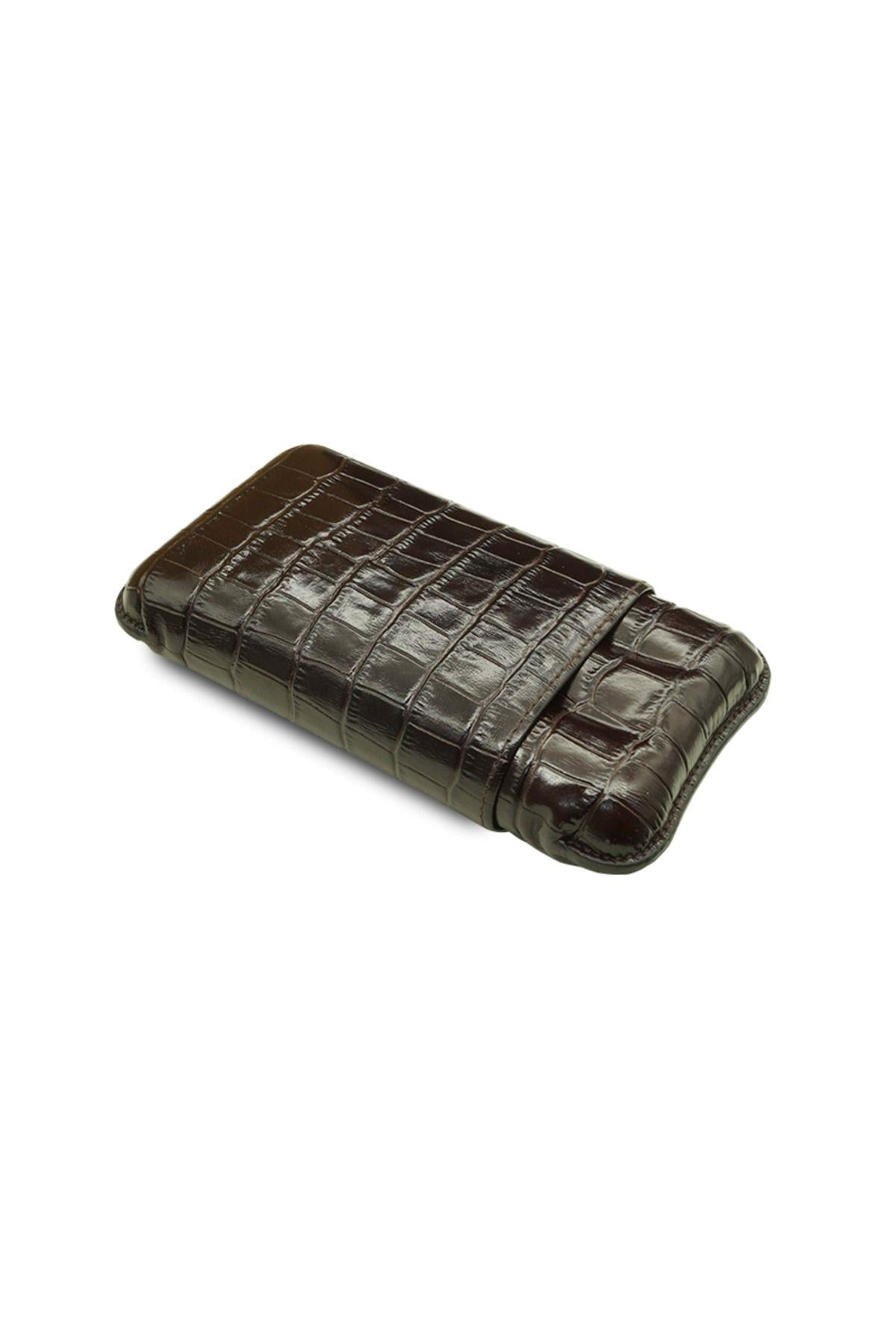Montes Gerçek Deri El Yapımı Puro Kılıfı Üçlü (60 RİNG) Croco Tabaco