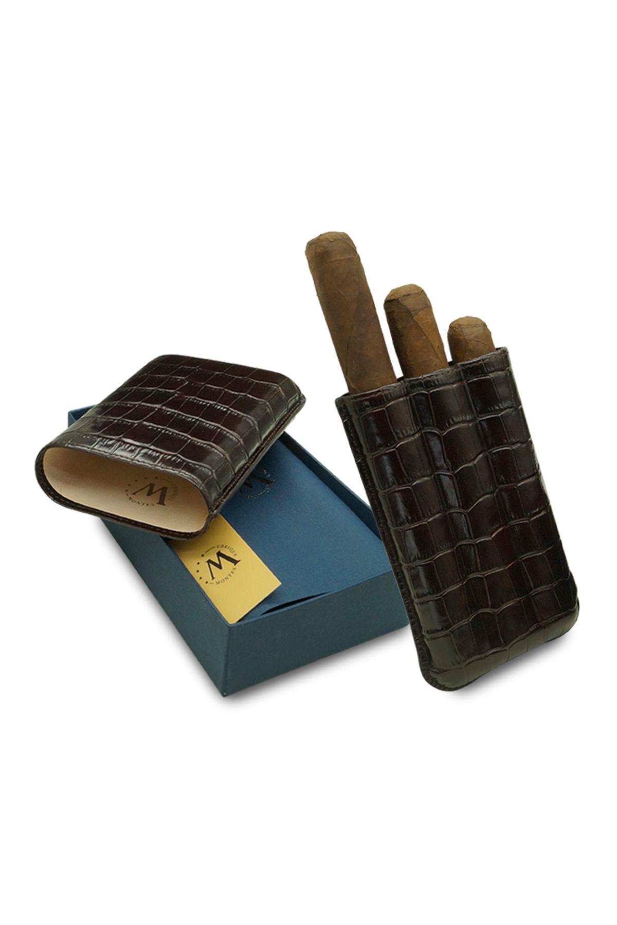 Montes Gerçek Deri El Yapımı Puro Kılıfı Üçlü (60 RİNG) Croco Tabaco