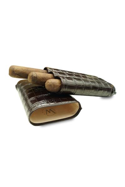 Montes Gerçek Deri El Yapımı Puro Kılıfı Üçlü (60 RİNG) Croco Tabaco