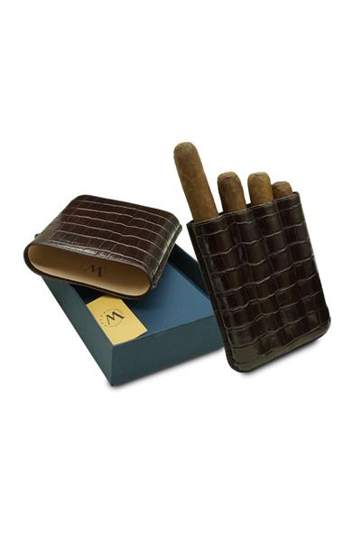 Montes Gerçek Deri El Yapımı Puro Kılıfı Dörtlü (60 Ring) Croco Tabaco