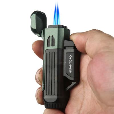 Quantoro 04-10 Çift Torch  Jet Alevli Yeşil Puro Çakmağı - Punch Delicili - Puro İğnesi - Puro Dinlendirme Özelliği 