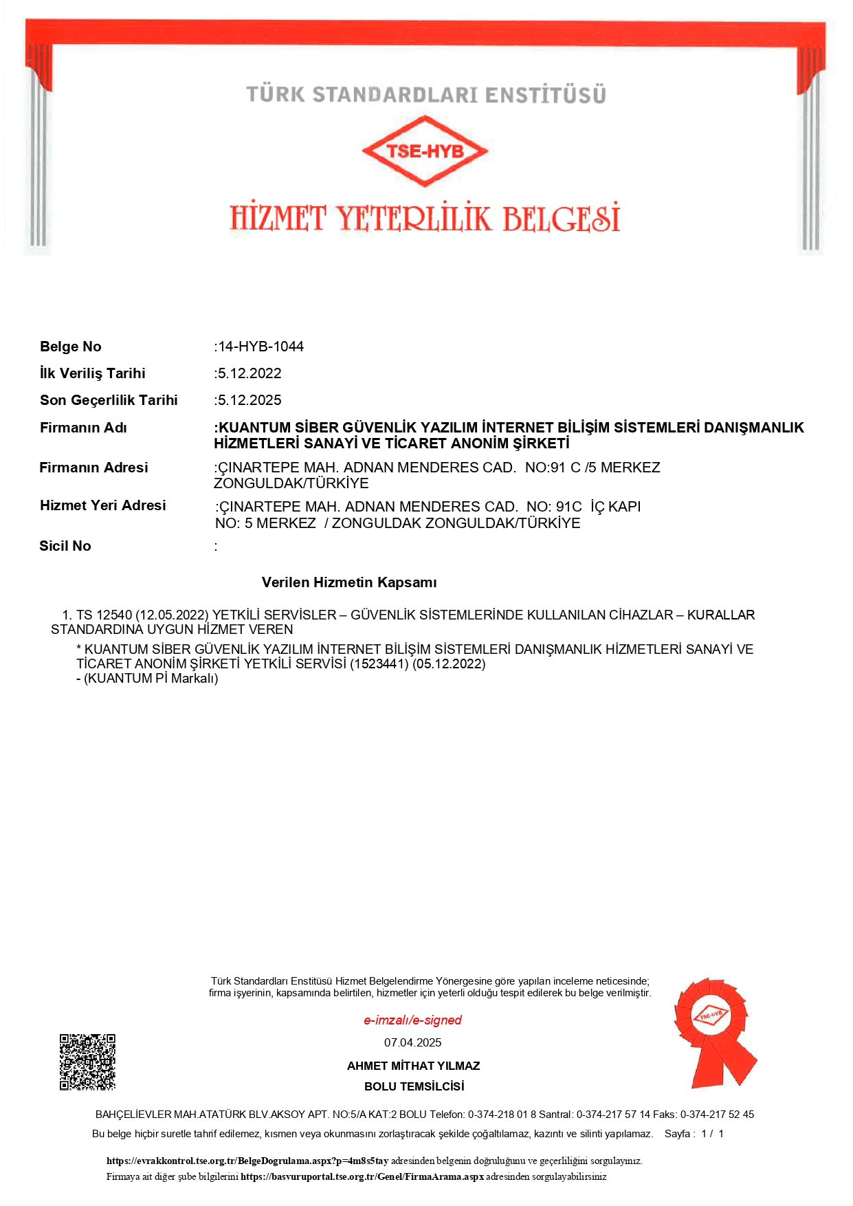 Hizmet Yeterlilik Belgesi