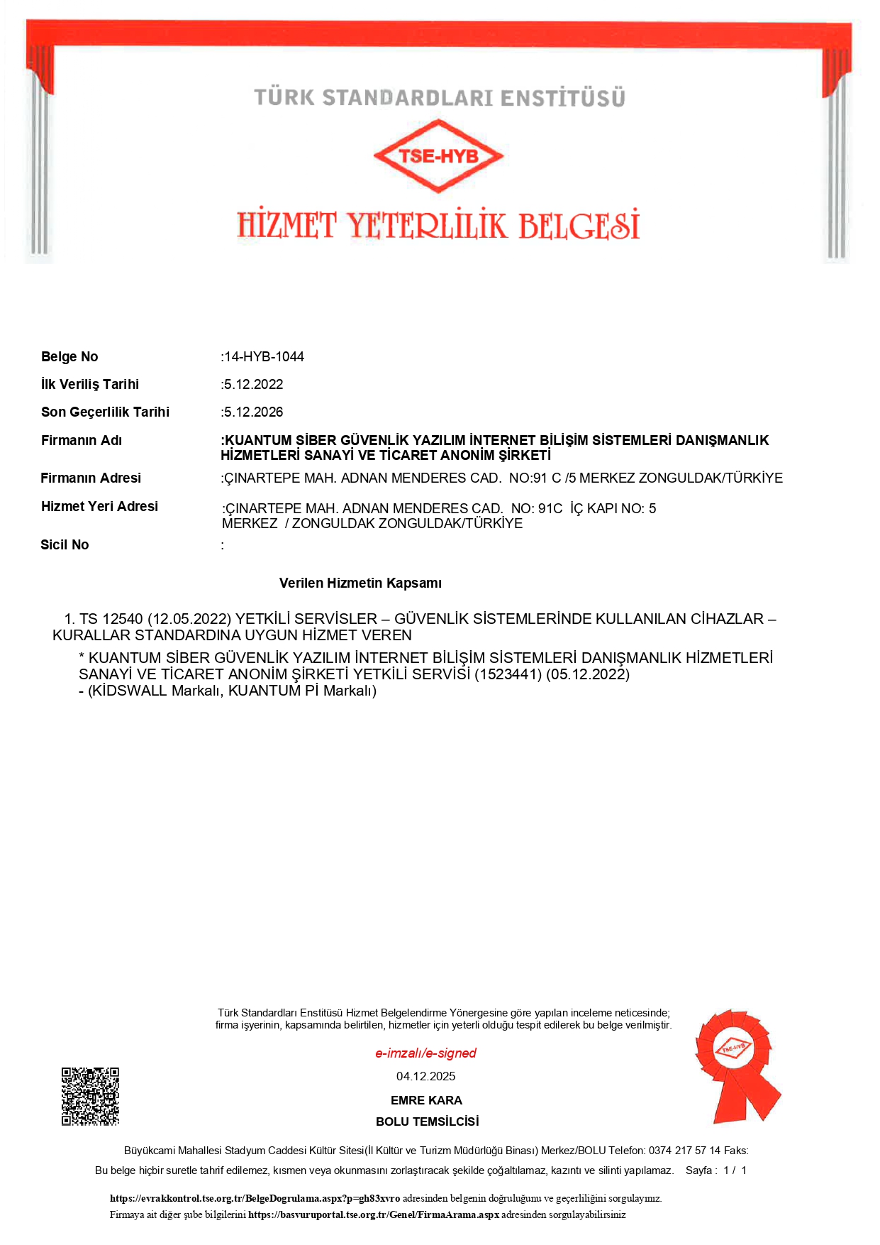 Hizmet Yeterlilik Belgesi