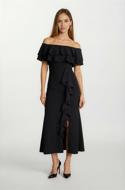 Adio Volanlı Uzun Abiye Elbise SİYAH